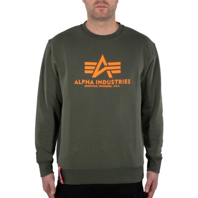 Alpha Industries Herren Sweater Basic Logo Neon Print dark olive/neon orange
